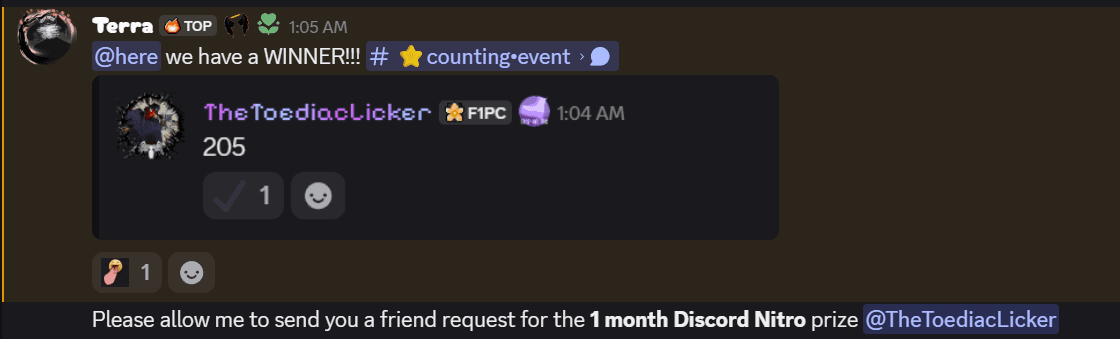 Discord message announcing the winner, quoting their approved message containing the number 205.