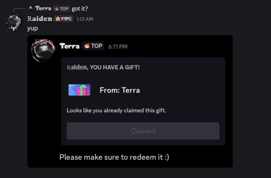 Discord gift embed showing the Nitro gift from Terra marked as claimed by the winner.